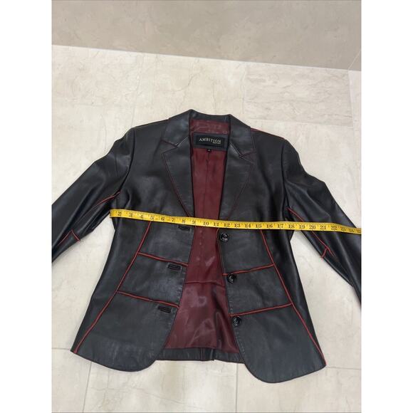 NWOT Ambition New York Sz XS Extra Small Black Leather Jacket Red Trim - Picture 9 of 10